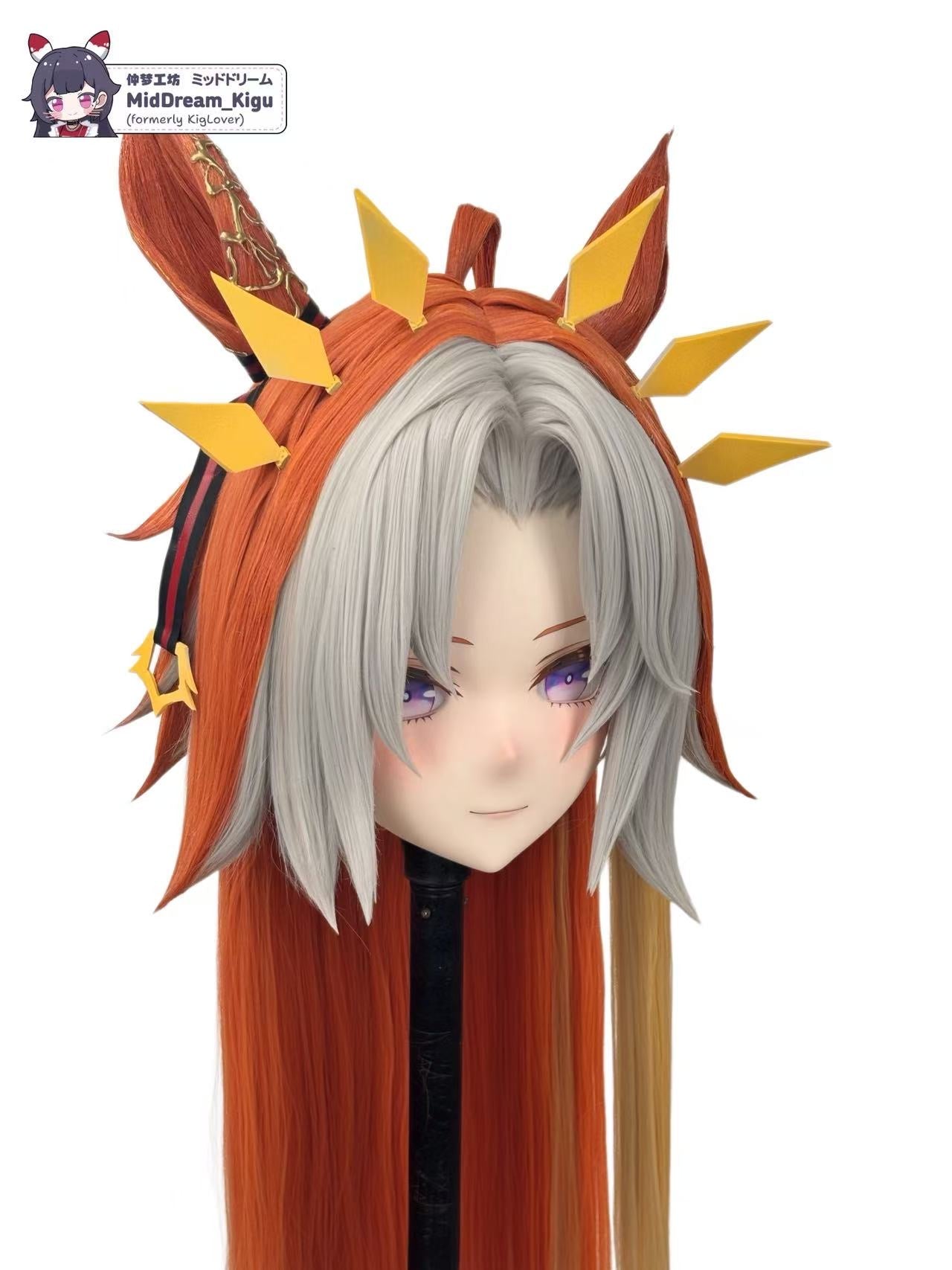 Orfevre Uma Musume Animegao Kigurumi mask three-quarter view showing horse ears and gold hair accessories