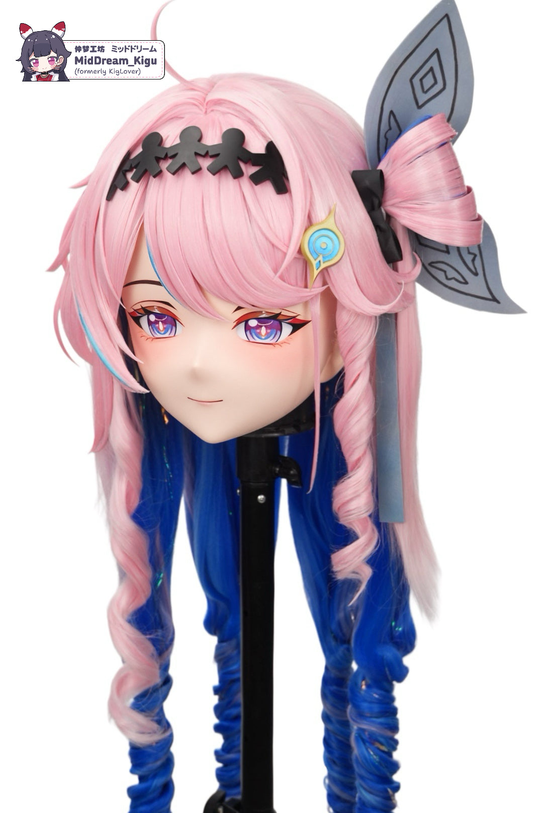 Denia from Wuthering Waves Animegao Kigurumi mask front view with pink and blue hair