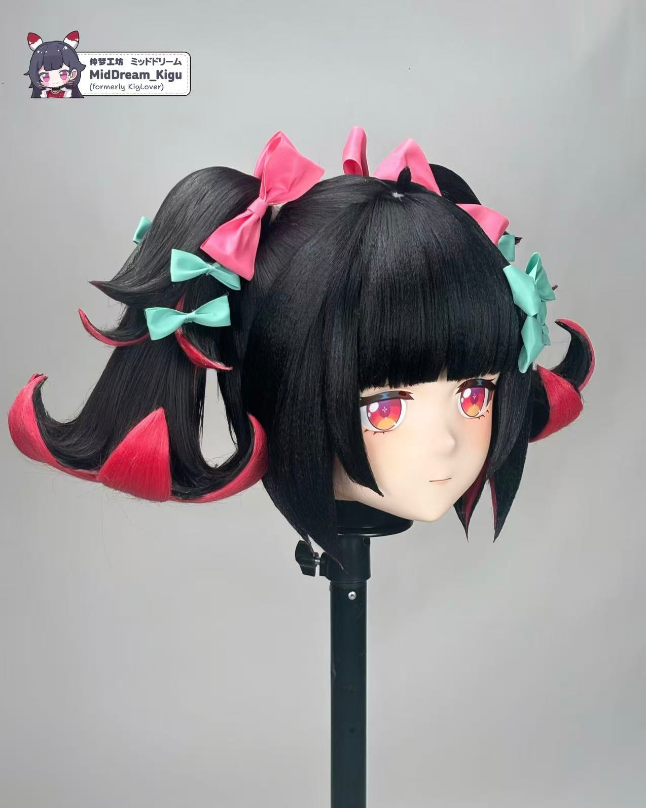 Nangong Yu Kigurumi mask three-quarter view with twin-tail wig and ribbons