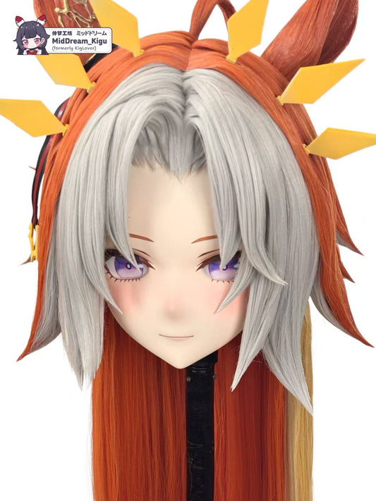 Close-up of Orfevre Umamusume Pretty Derby Animegao Kigurumi mask face and purple eyes