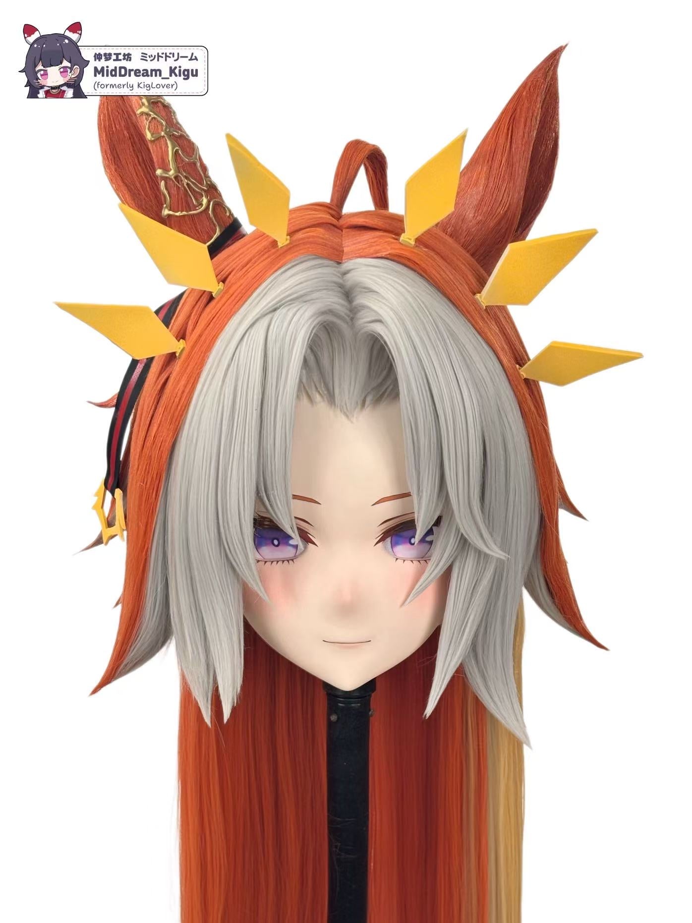 Orfevre Uma Musume Kigurumi mask front portrait with silver bangs orange hair and gold ornaments
